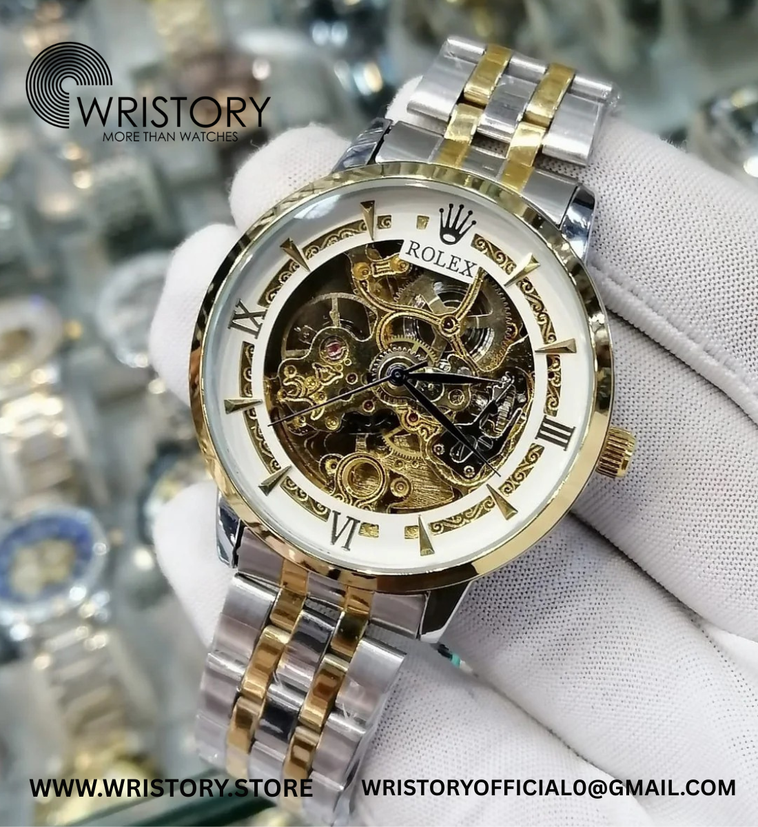 Rolex-Inspired Skeleton Automatic Watch – Two-Tone Gold & Silver Multi-Dial Color Options