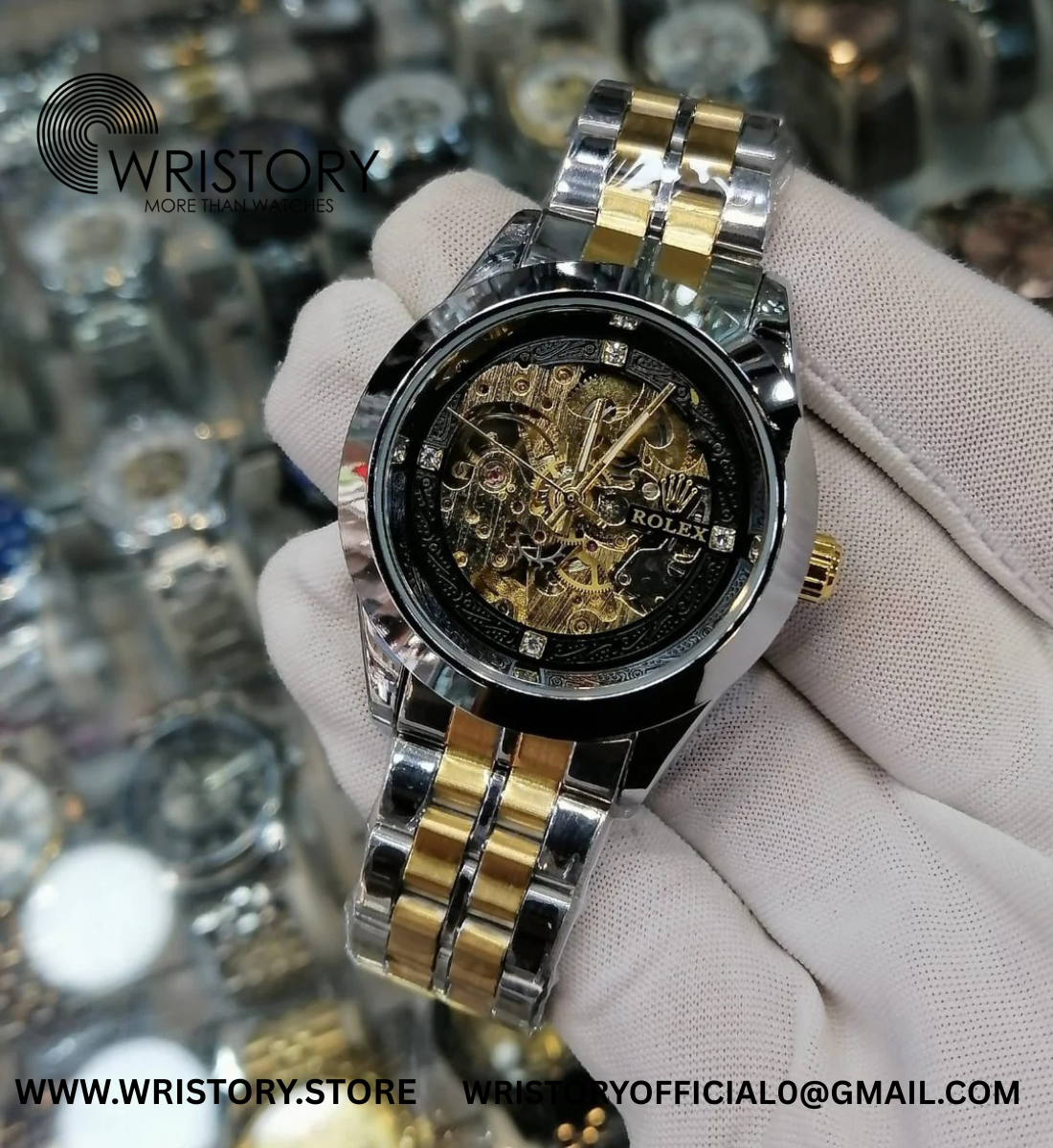 Rolex-Inspired Skeleton Automatic Watch – Two-Tone Gold & Silver Multi-Dial Color Options