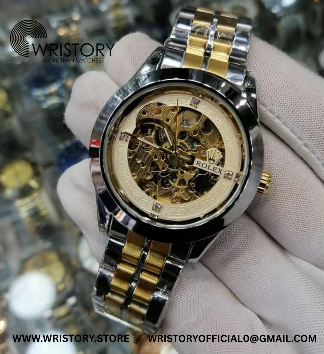 Rolex-Inspired Skeleton Automatic Watch – Two-Tone Gold & Silver Multi-Dial Color Options