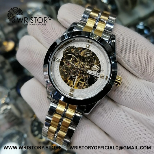 Rolex-Inspired Skeleton Automatic Watch – Two-Tone Gold & Silver Multi-Dial Color Options